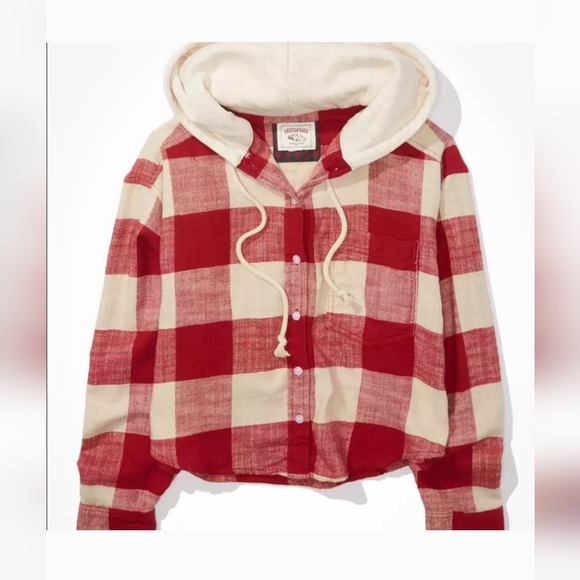 American Eagle Red & Cream Cotton Hooded Plaid Flannel Shirt Shacket Size Small - Picture 1 of 9